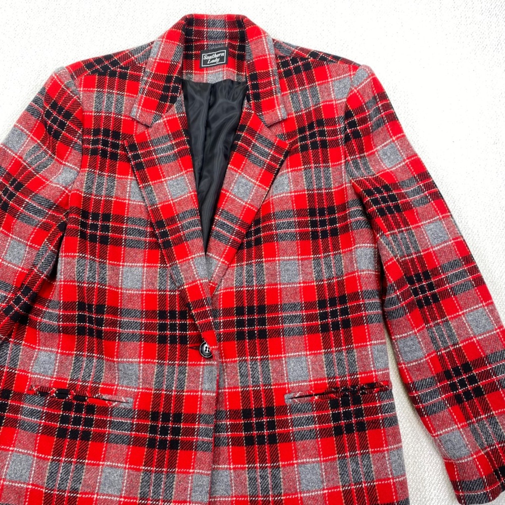 Southern Lady Blazer Womens 14 Red Plaid Wool Blend Single Button Made in USA